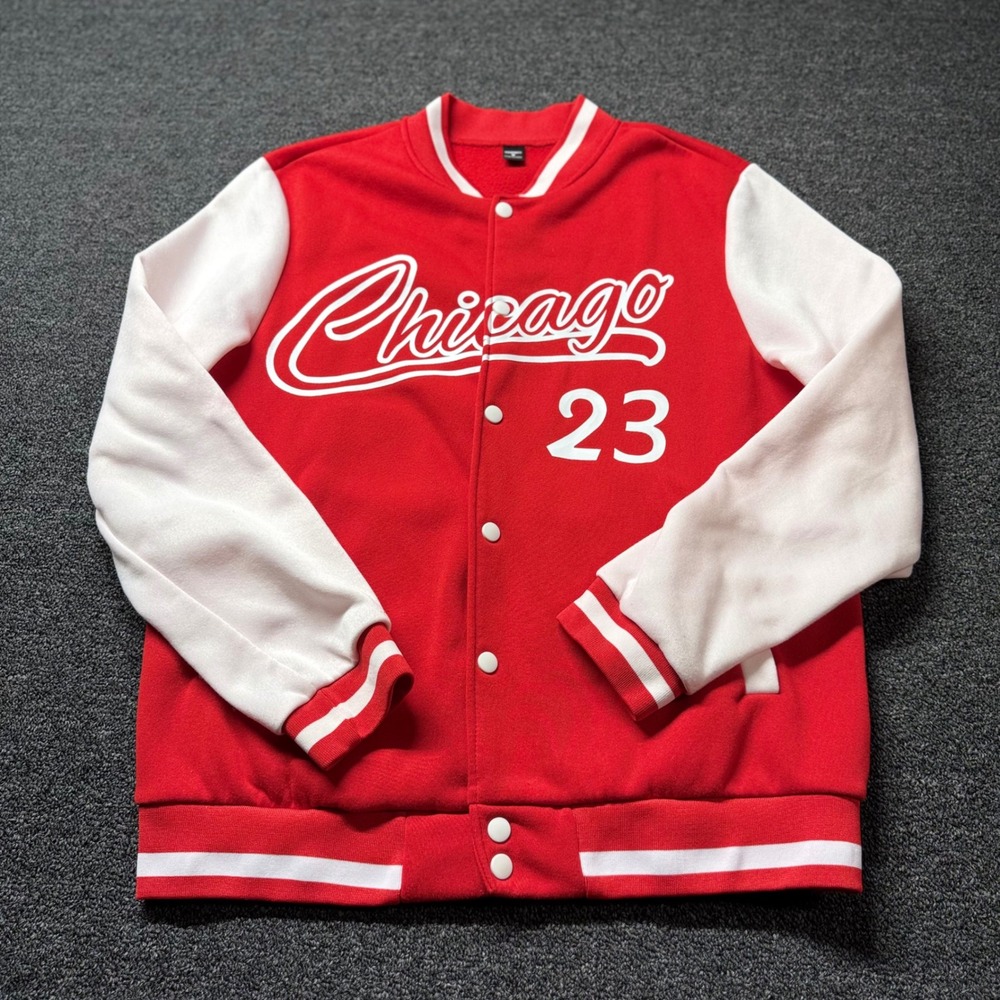 Manfinity‎ Chicago 23 Red White Varsity Bomber Jacket Mens Medium Snap Button